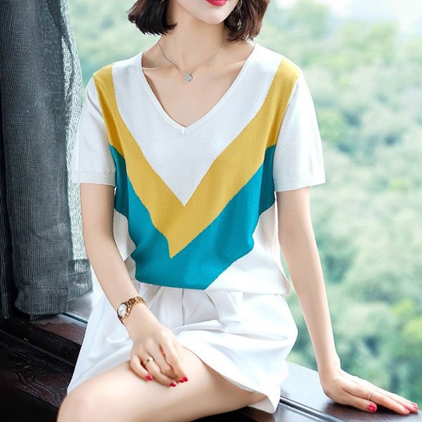 ニットtシャツ  ブラウス カットソー Vネック 3タイプ 通気吸汗 ゆったり カジュアル