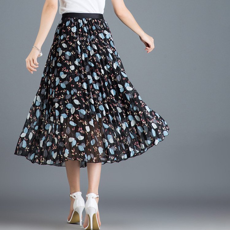 【プリーツスカート】快適な２層設計、大人の花柄、Aライン