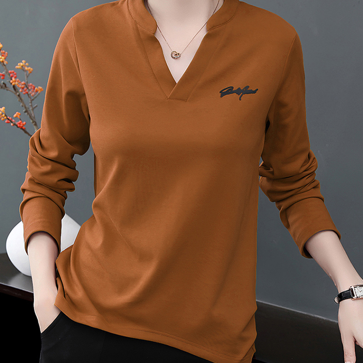 V領純棉寬鬆女士長袖T恤