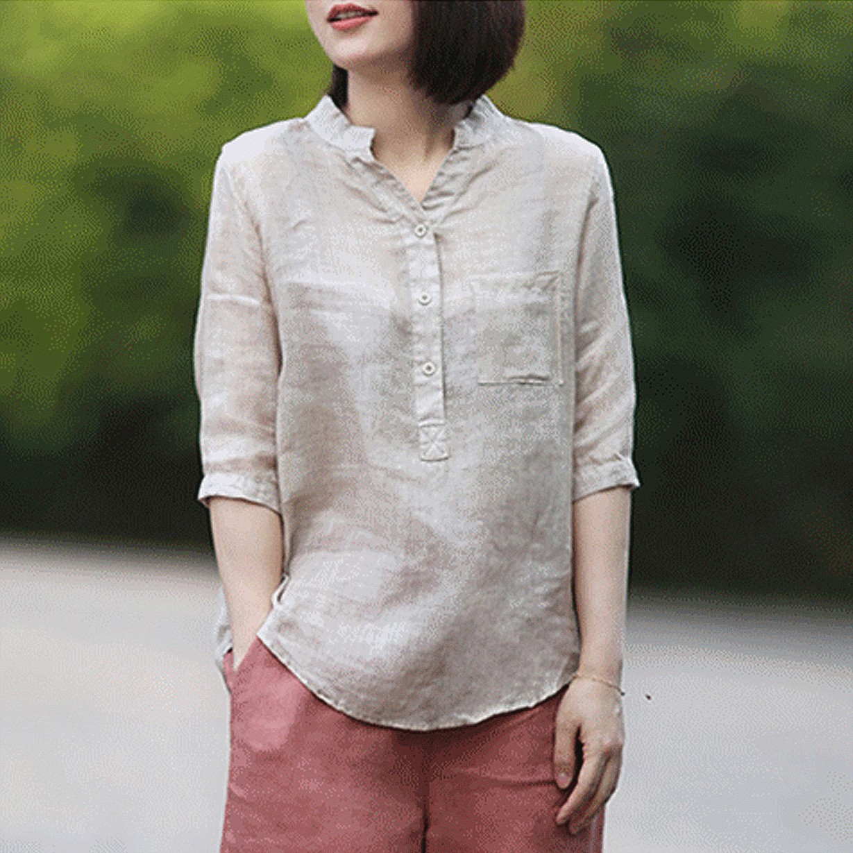 เสื้อเชิ้ตผ้าคอตตอนลินินแขน 7 ส่วน