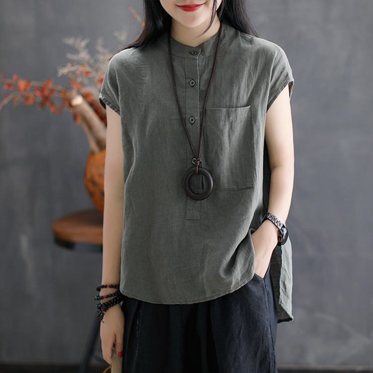 【綿麻ブラウス】天然健康綿麻、お肌にやさしい、通気＆涼しい、洗ってもシワになりにくい