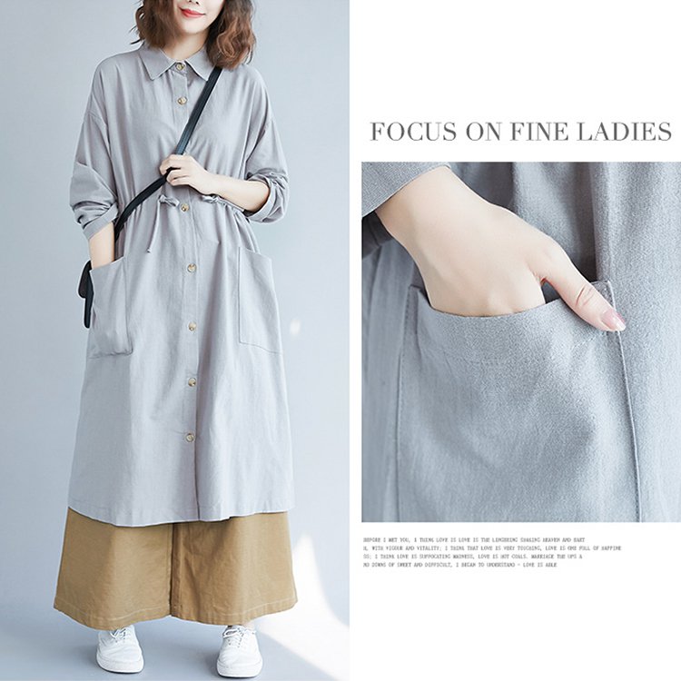 秋の新作 綿麻シャツワンピース