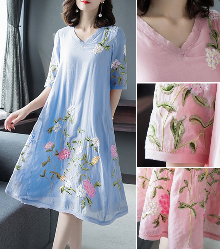 ชุดเดรสปักลายทรงหลวมไซส์ใหญ่