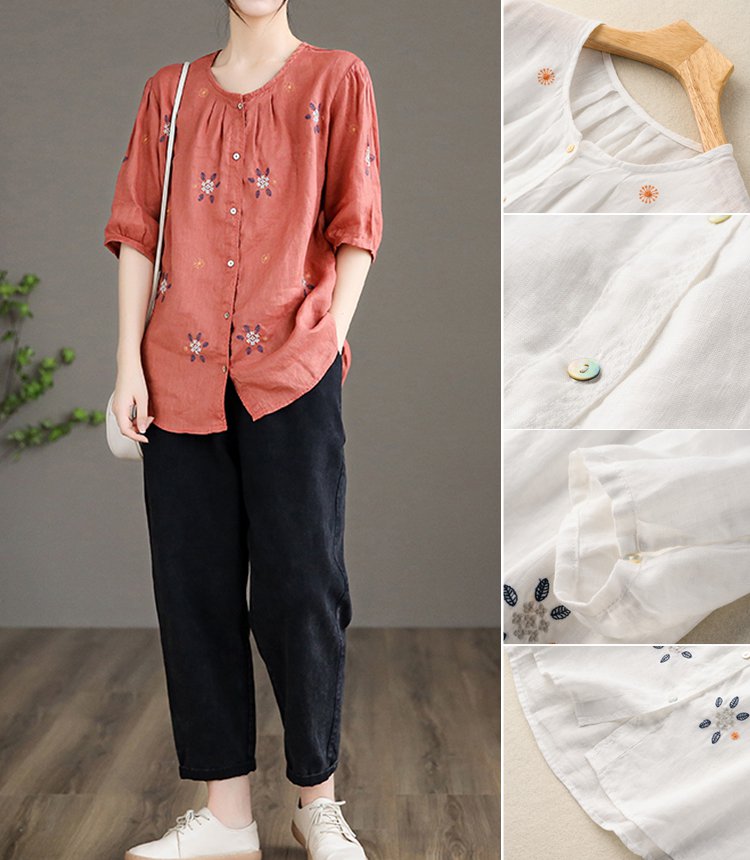 เสื้อแขนสั้นแขนบอลลูน ปักลายวินเทจ