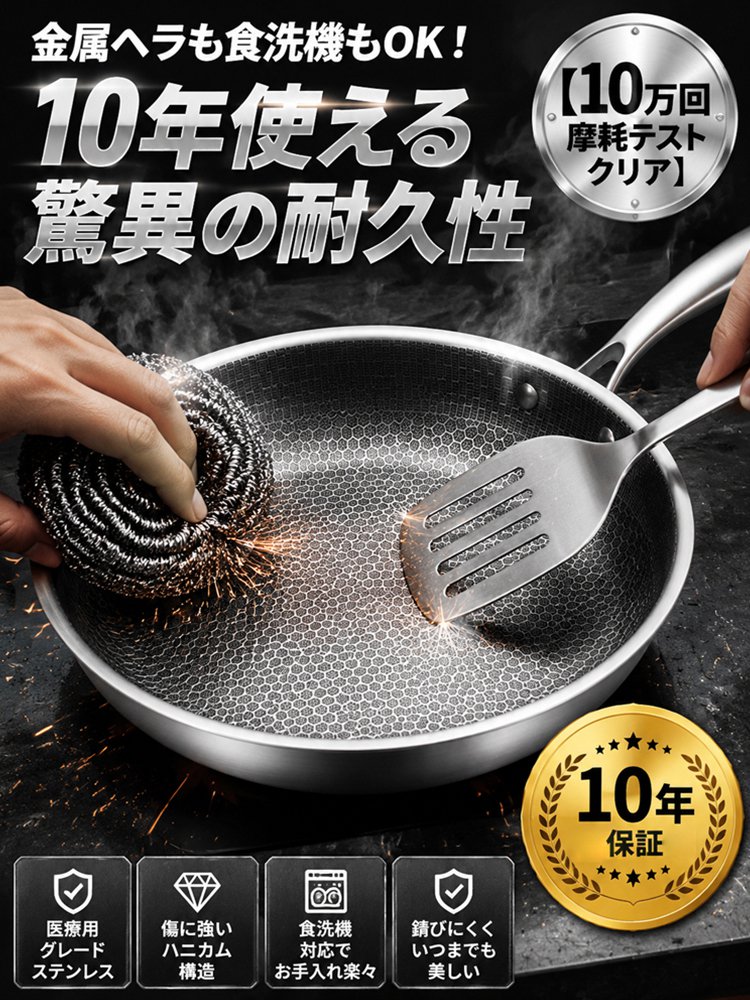【越後·百年金物の傑作】ハニカム構造で焦げ付かないステンレスフライパン|SGマーク取得・有害物質ゼロ|熱伝導率7.5倍・光熱費節約・耐久20年✨
