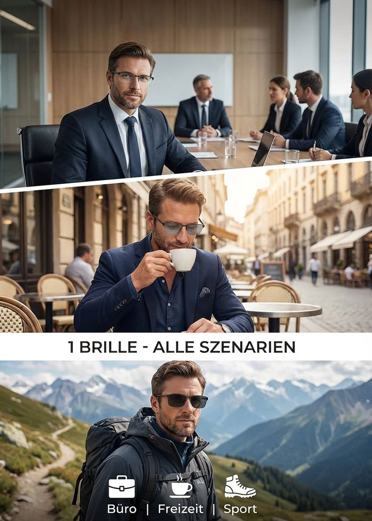 Intelligente, selbsttönende und ultraleichte Herrenbrille mit variablem Fokus