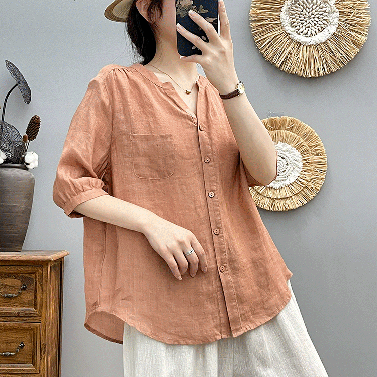 7分袖綿麻ブラウス