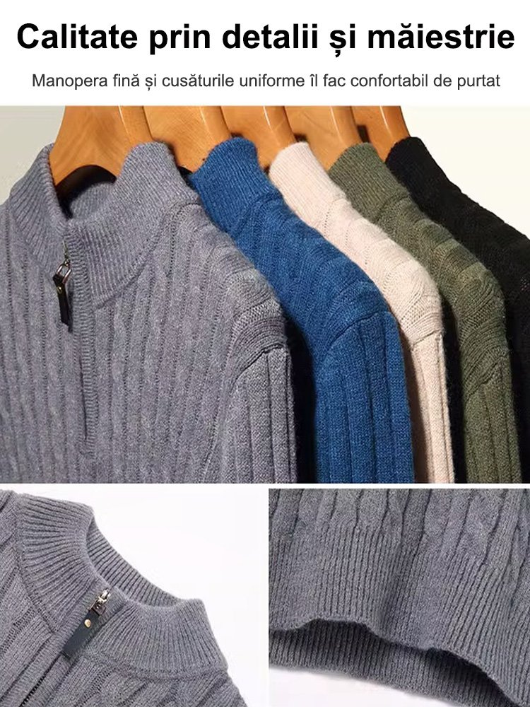 Pulover tricotat cu fermoar pe jumătate de gât înalt din cașmir cu fermoar