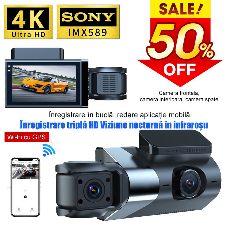 Recorder auto HD WiFi cu trei înregistrări