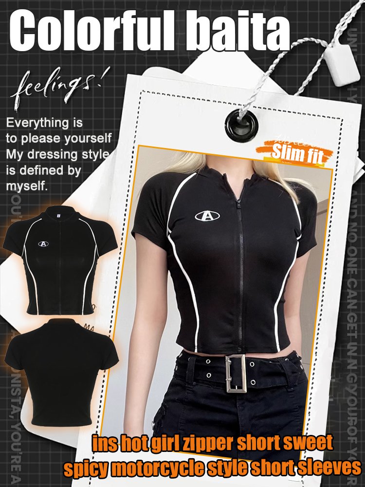 Ins hot girl zipper short sweet spicy motorcycle style short sleeves