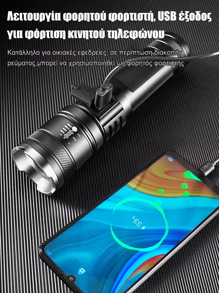 Φακός LED με ισχυρό φωτισμό, επεκτεινόμενος και ρυθμιζόμενος για εξωτερική χρήση.