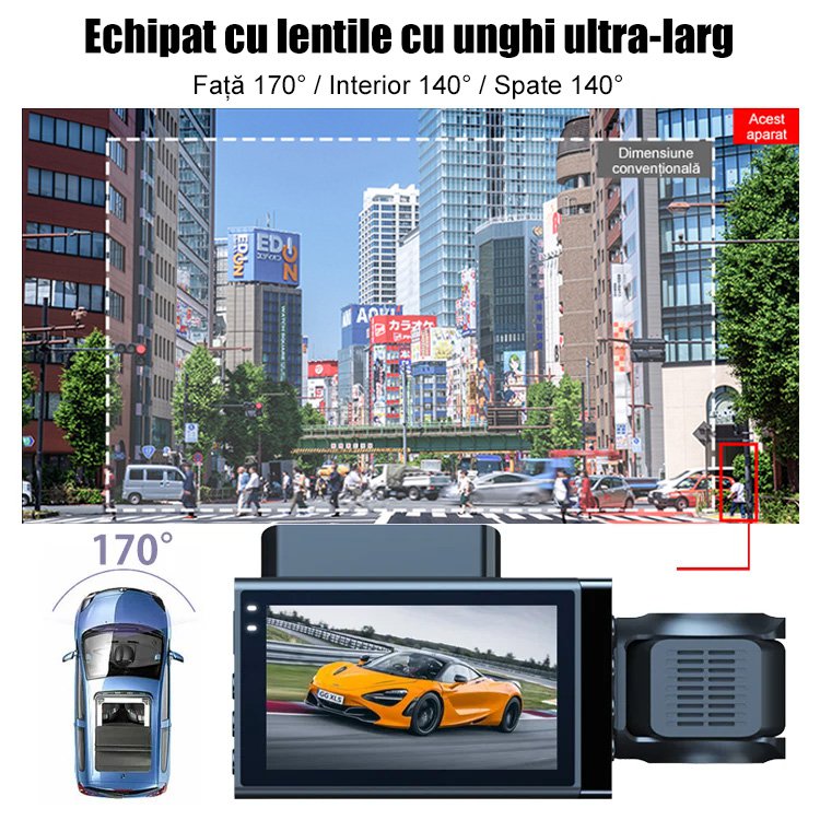 Recorder auto HD WiFi cu trei înregistrări