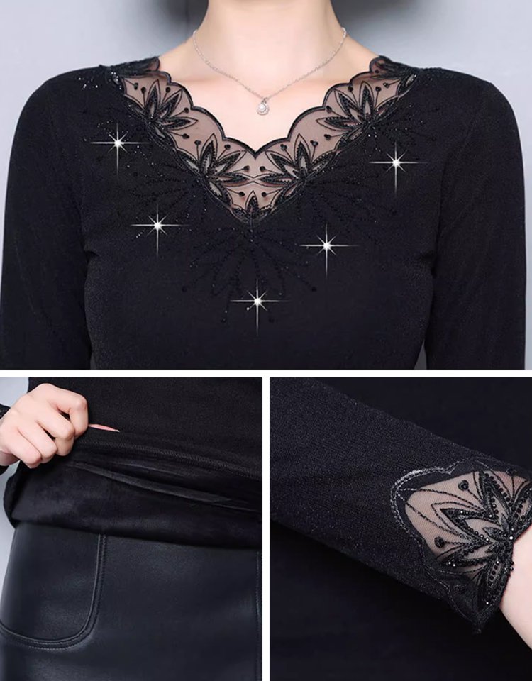 レースネックの裏起毛保温インナーシャツ