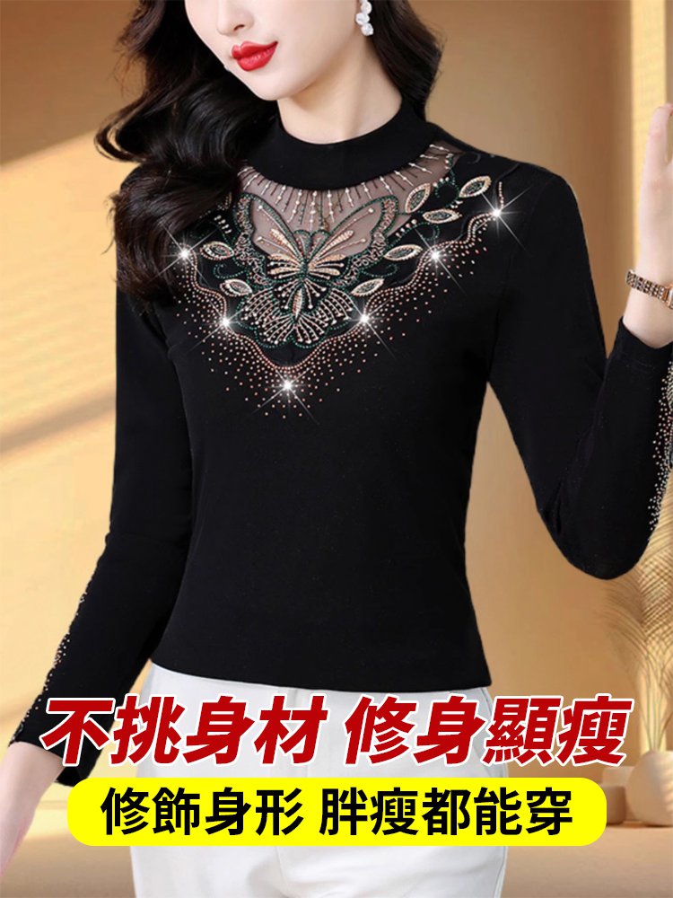 加絨網紗鏤空性感打底衫