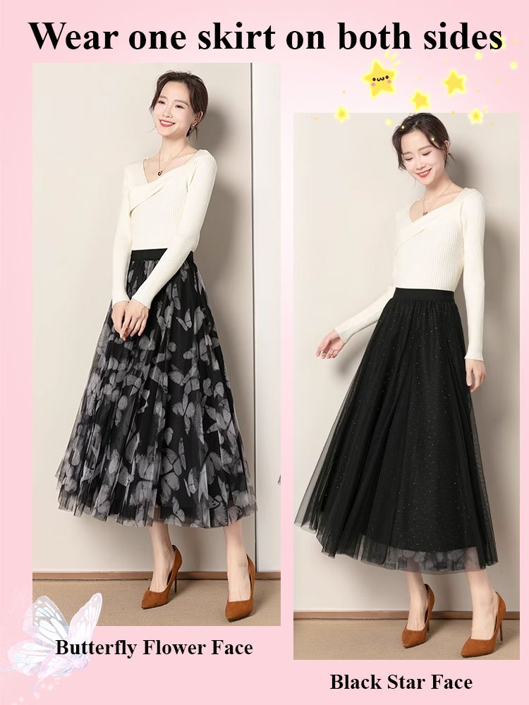 A skirt worn two ways: high-waisted mesh fairy-style skirt.