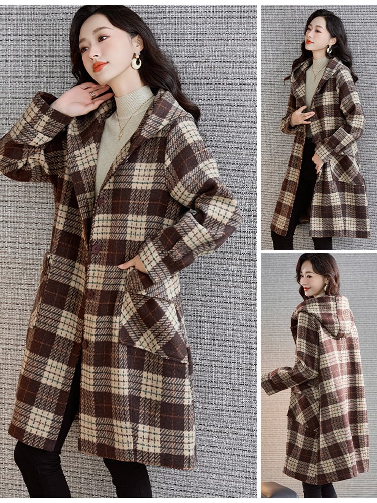 [날씬해 보임] 캐주얼 체크무늬 여성용 모직 코트