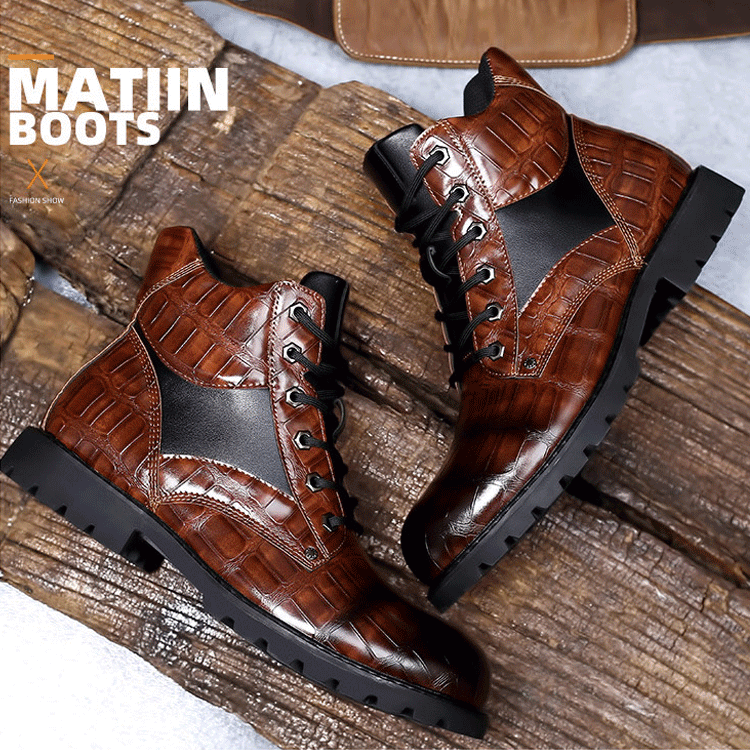 Mittelhohe Vintage-Martin-Stiefel mit Krokodilmuster