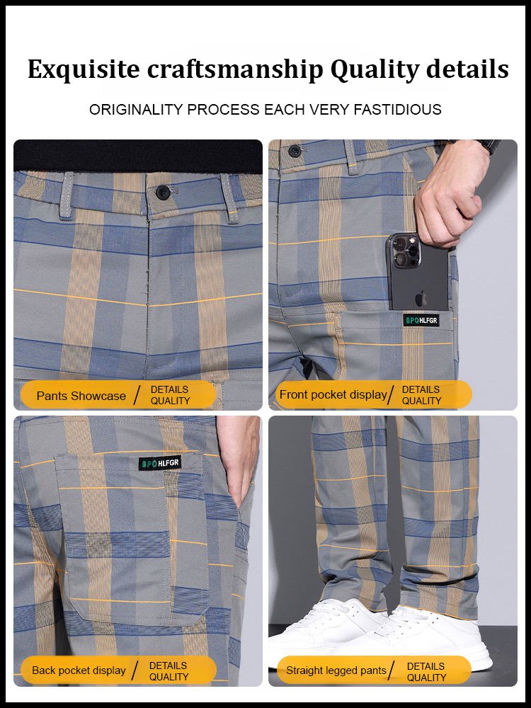 Check stretch six-pocket straight-leg trousers