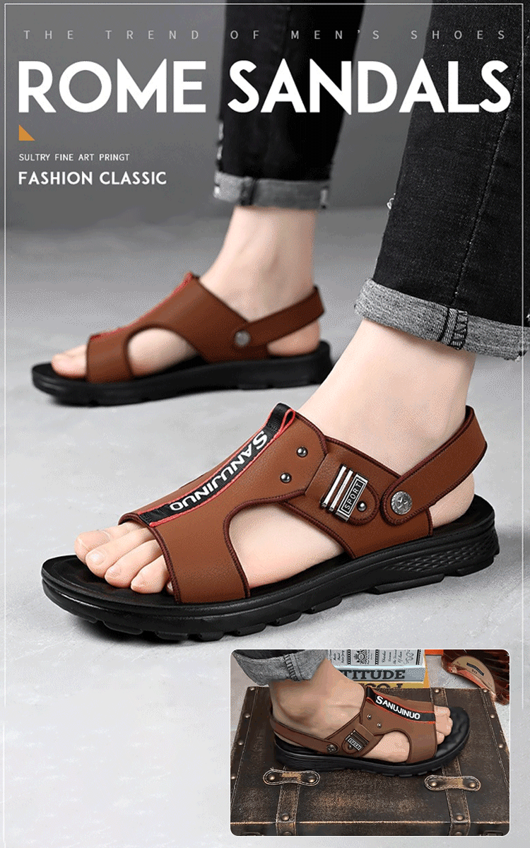 صندل شاطئ إيطالي رجالي من جلد بقر ذو نعل مقاوم للاهتراء والانزلاق