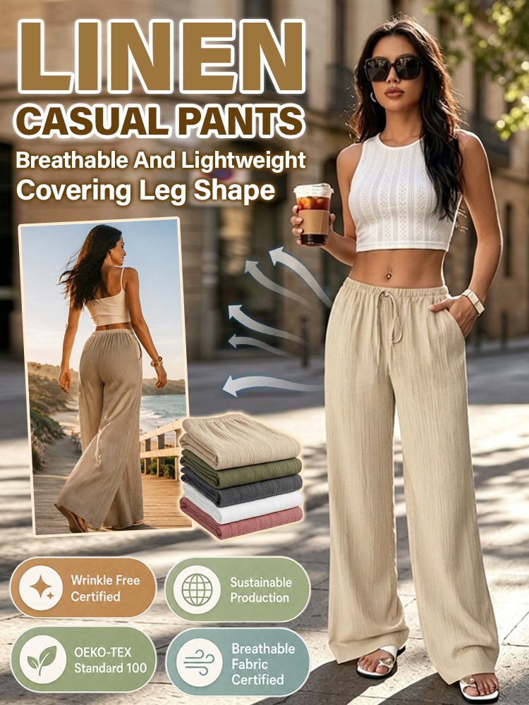 High-waisted drawstring pocket linen casual pants
