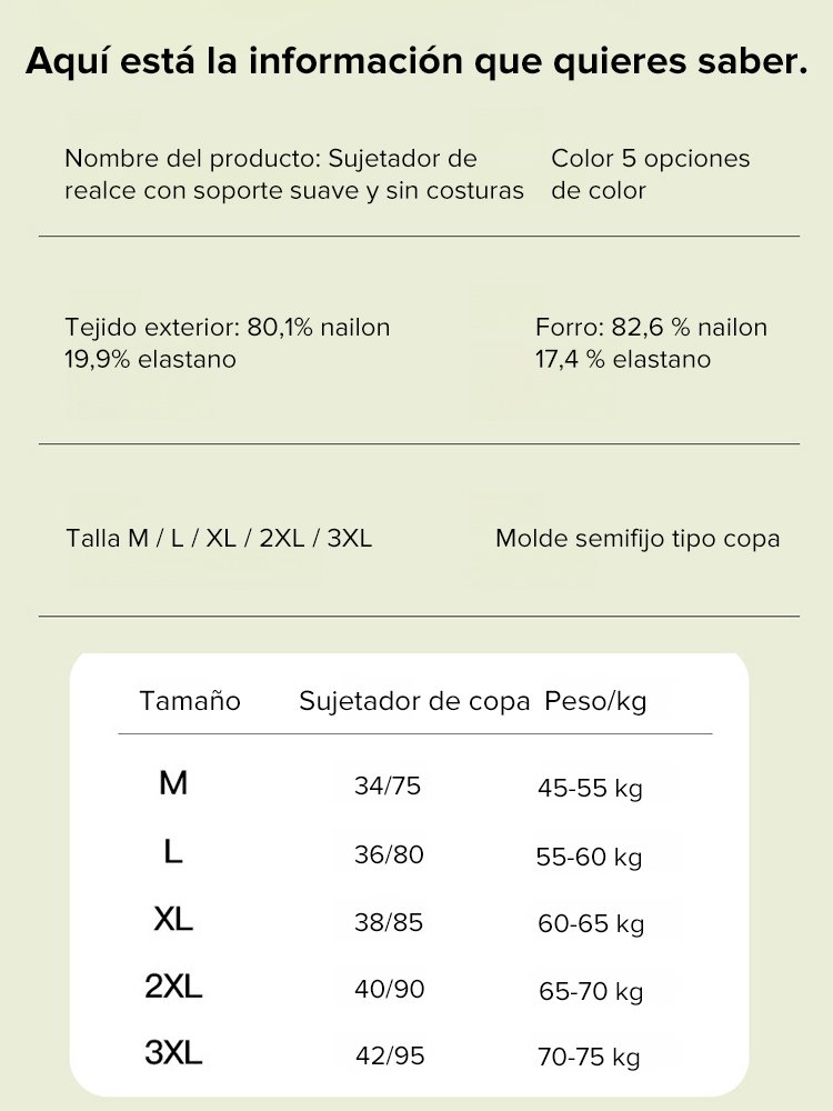 Sujetador ajustable con efecto lifting, sin costuras y con apariencia discreta para pechos grandes.