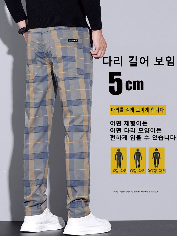 남성용 캐주얼 체크무늬 6포켓 스판 스트레이트 팬츠