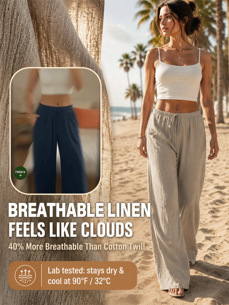 High-waisted drawstring pocket linen casual pants