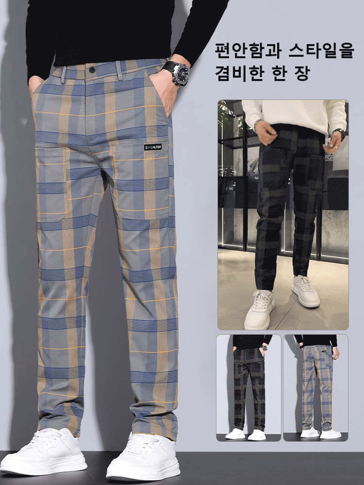 남성용 캐주얼 체크무늬 6포켓 스판 스트레이트 팬츠