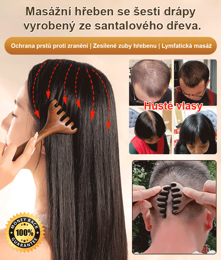 Zlatý hedvábný santalový dřevěný masážní hřeben meridián se šesti drápy