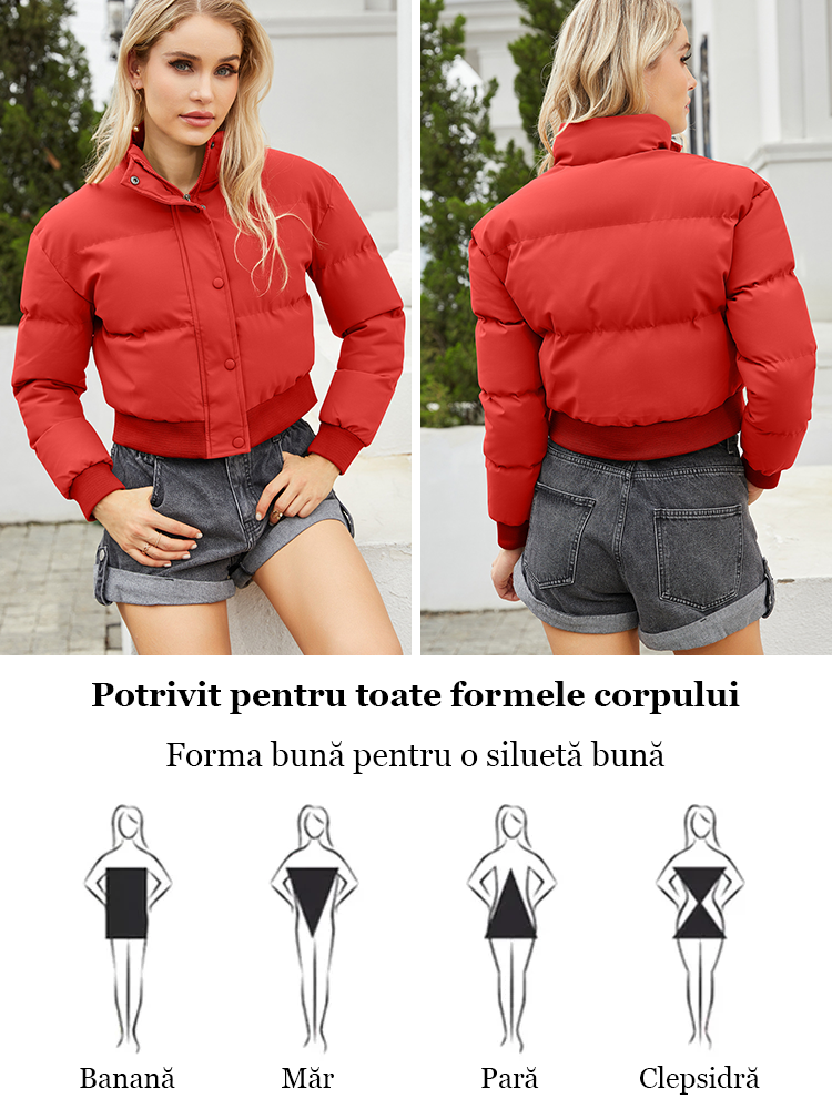 Palton scurt de puf alb de gâscă cu guler înalt