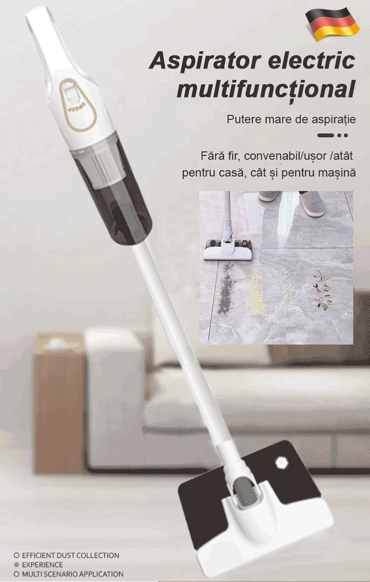 Aspirator de mână fără fir cu funcție de aspirare și ștergere.