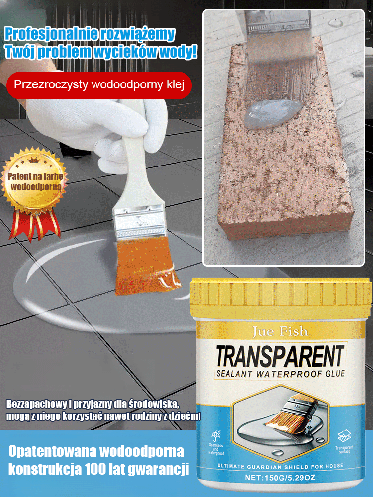 Przezroczysty, niewidoczny, odporny na przeciekanie wodoodporny klej