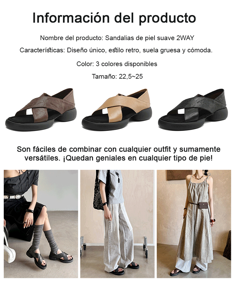 Sandalias de piel suave con tiras cruzadas y diseño dos en uno