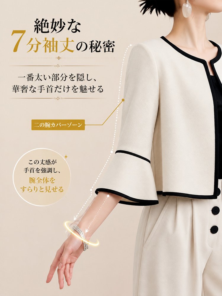 レディスクルーネック配色7分袖ボレロロングパンツセットアップ