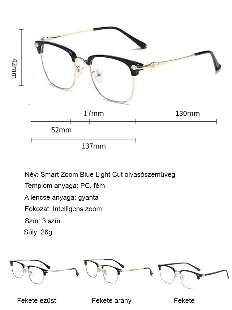 JL-Automatikus zoom szemöldökkerettel ellátott, kék fény elleni védelemmel ellátott olvasószemüveg