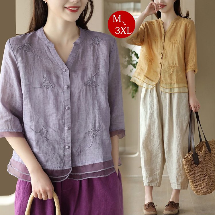 빈티지 면 마 자수 패치 여성 셔츠