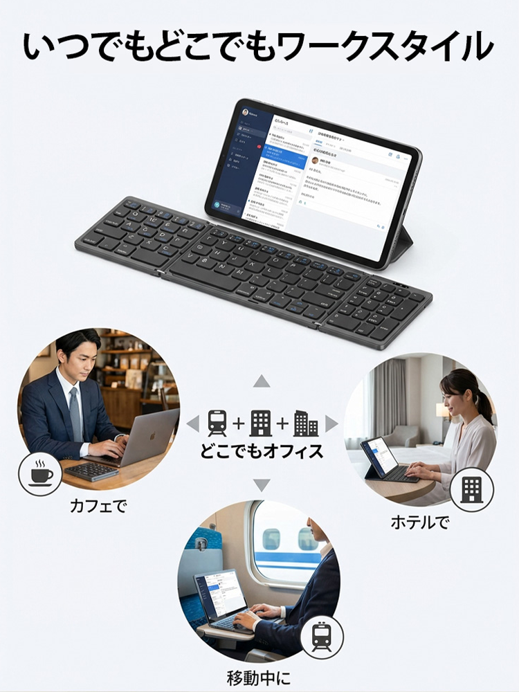 3つ折り式Bluetoothワイヤレスポータブルキーボード