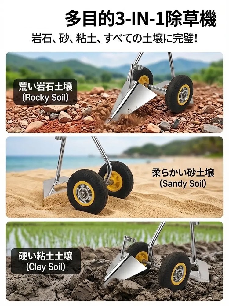 農業用三合一除草マジック器・土ほぐし溝掘り鍬