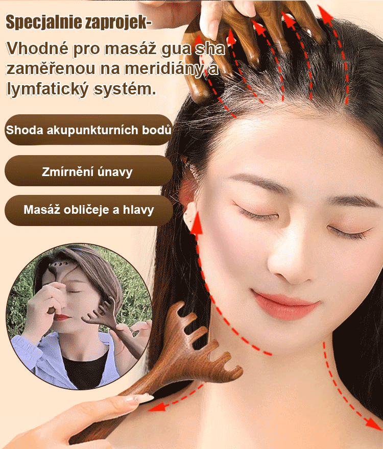 Zlatý hedvábný santalový dřevěný masážní hřeben meridián se šesti drápy