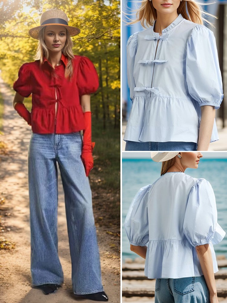 HFH-蝴蝶结印花短袖衬衫