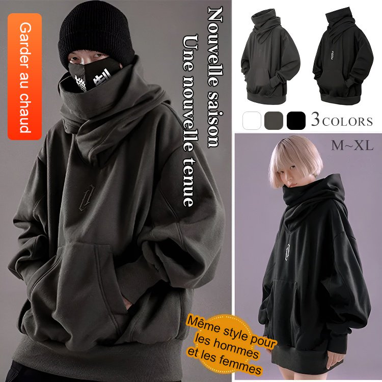 Veste ample en velours pour couple, col haut, capuche, hip hop