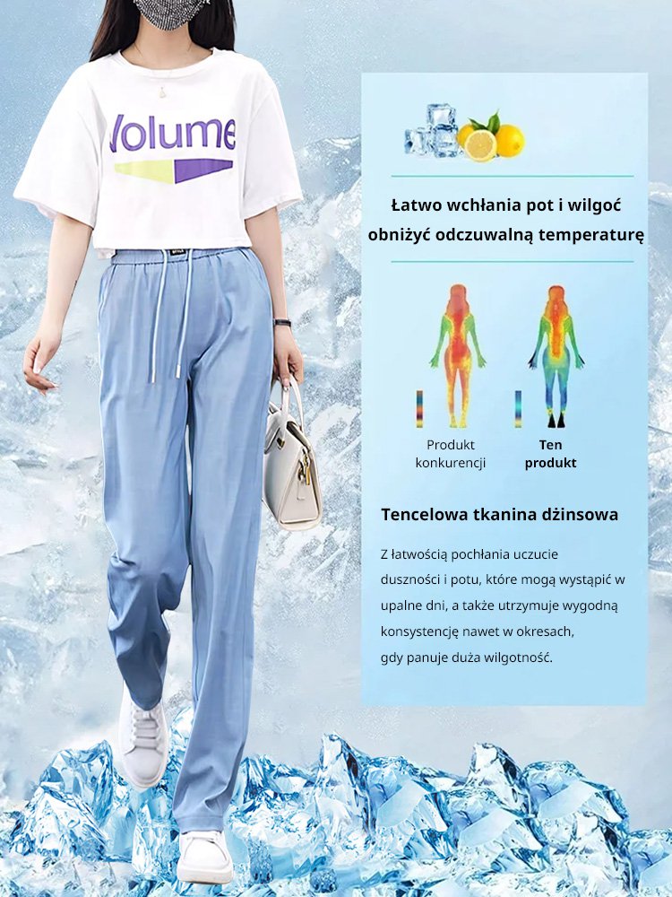 [Schudnij 5kg]Luźne, drapowane spodnie z szerokimi nogawkami, z denimu Tencel