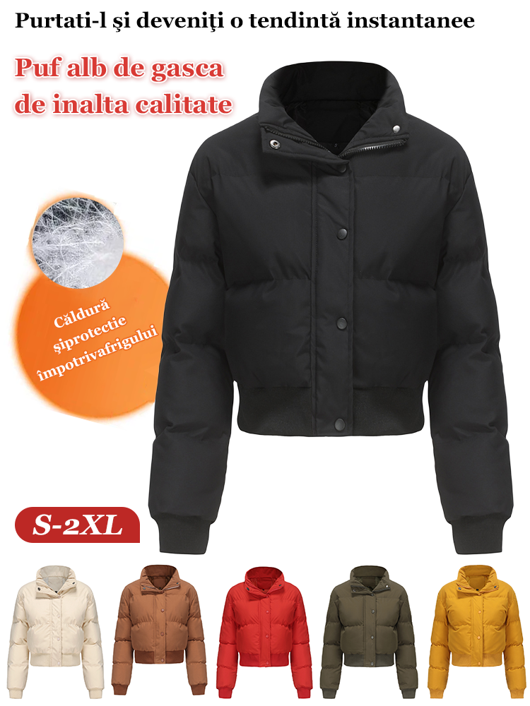 Palton scurt de puf alb de gâscă cu guler înalt