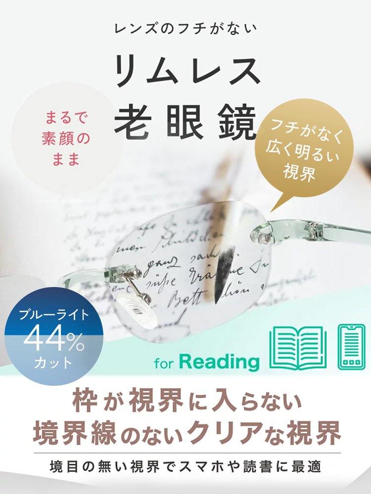 【福井県百年眼鏡工房】調光可能リムレス老眼鏡