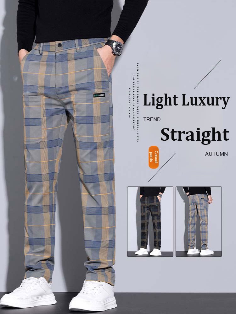 Check stretch six-pocket straight-leg trousers