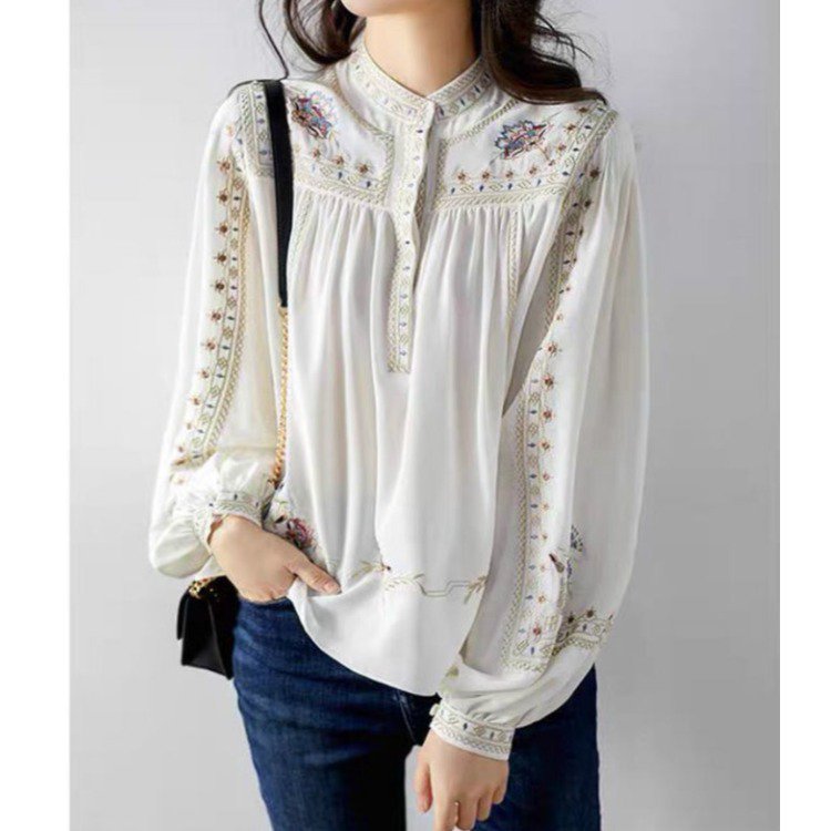 스탠드 칼라 프린트 빈티지 셔츠