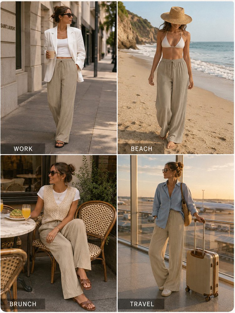 High-waisted drawstring pocket linen casual pants