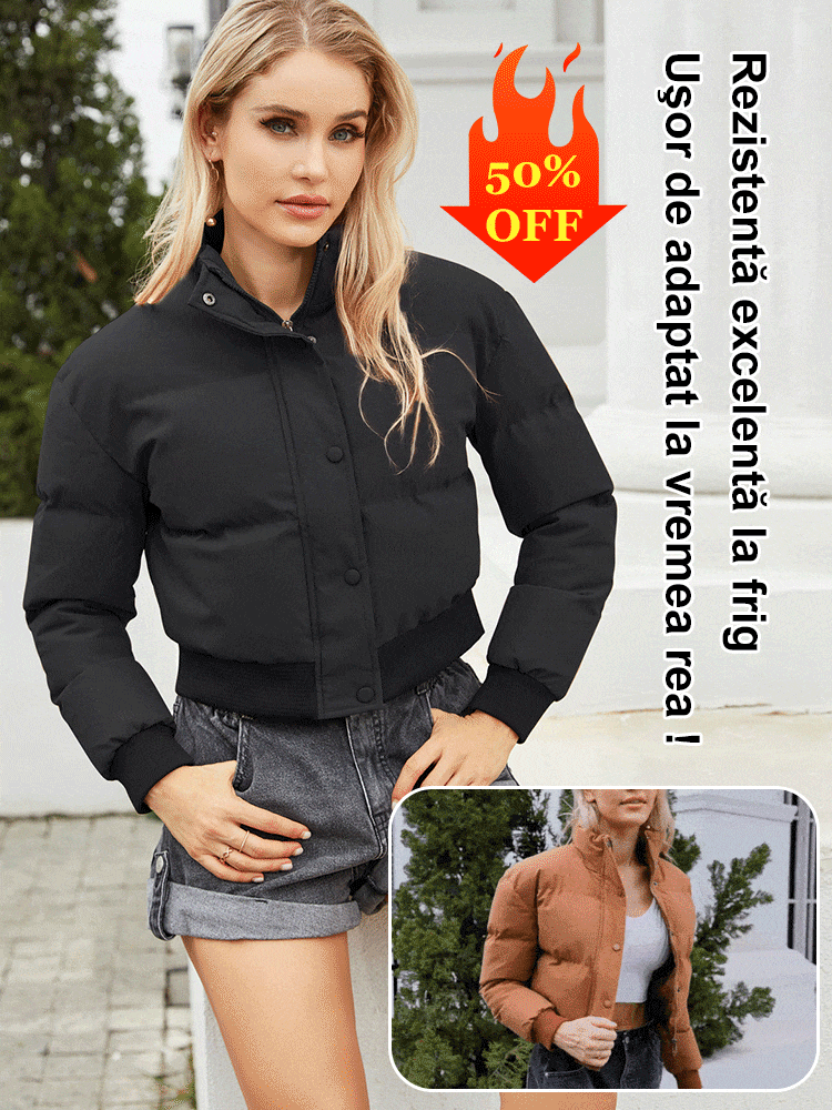 Palton scurt de puf alb de gâscă cu guler înalt