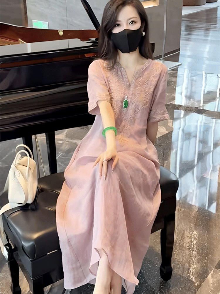 高級天然リネン刺繍ワンピース