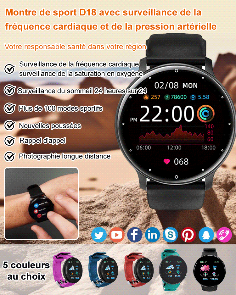 Montre de sport avec surveillance de la fréquence cardiaque et de la pression artérielle D18